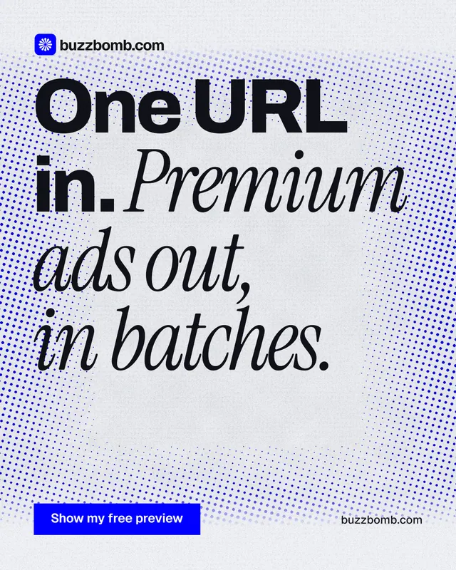 Instagram portrait post for BuzzBomb: "One URL in. Premium ads out, in batches." Swiss style, poster layout, light palette in blue, white, grey.