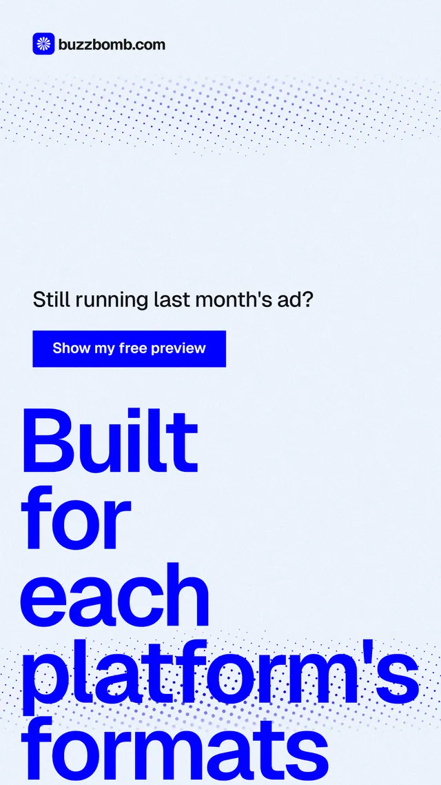 Instagram story for BuzzBomb: "Built for each platform's formats." Swiss style, oversized layout, light palette in white, blue.