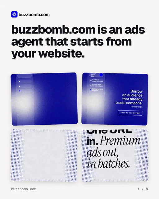 Carousel for BuzzBomb: "buzzbomb.com is an ads agent that starts from your website.". Collection carousel, 8 slides, light palette.