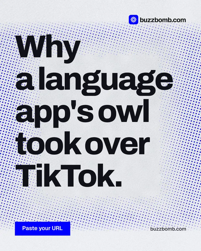 Instagram portrait post for BuzzBomb: "Why a language app's owl took over TikTok." Swiss style, poster layout, light palette in blue, grey, white.