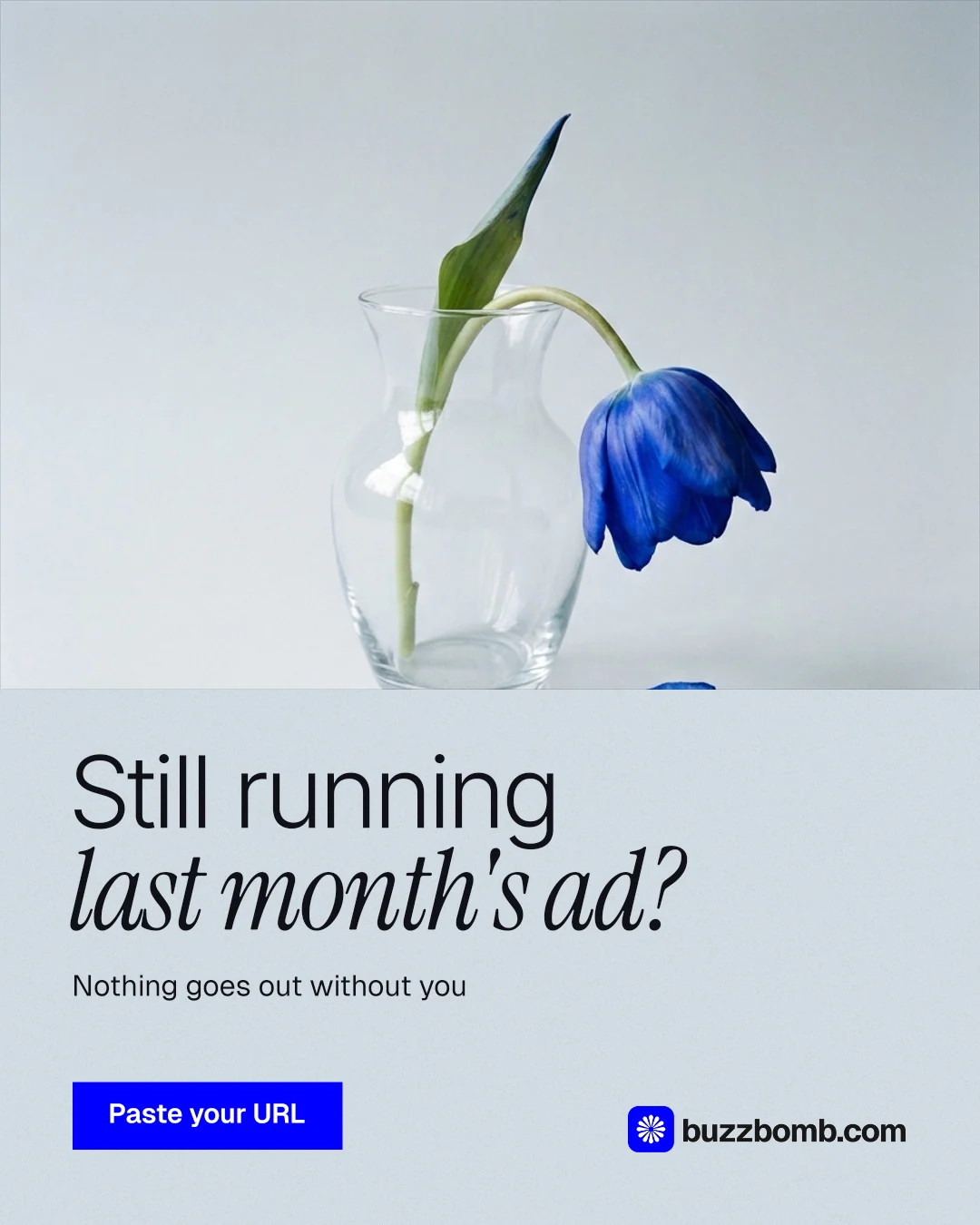 Instagram portrait post for BuzzBomb: "Still running last month's ad?" Swiss style, bottom layout, light palette in white, blue.