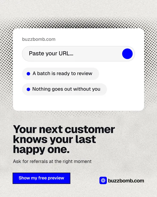 Instagram portrait post for BuzzBomb: "Your next customer knows your last happy one." Ink sticker style, bottom layout, light palette in white, grey.
