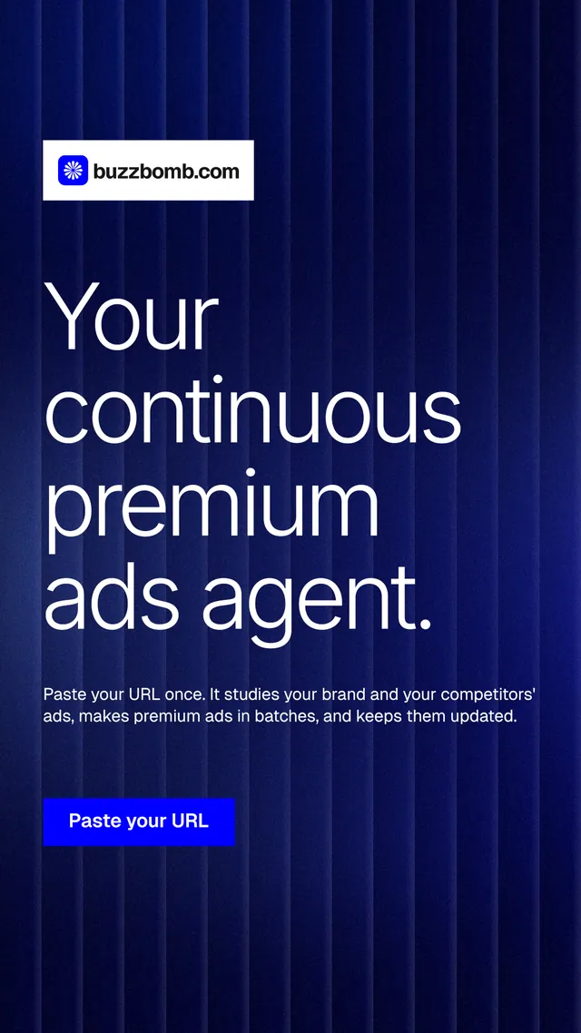 Instagram story for BuzzBomb: "Your continuous premium ads agent." Swiss style, announce layout, dark palette in black, blue, grey.