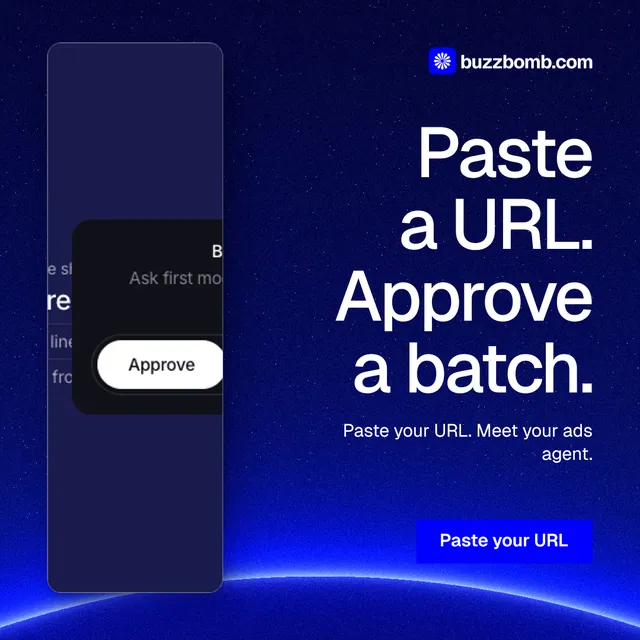 Instagram post for BuzzBomb: "Paste a URL. Approve a batch." Swiss style, right layout, dark palette in blue.