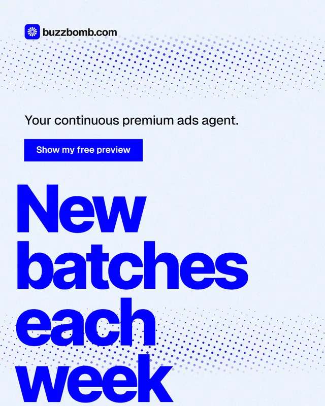 Instagram portrait post for BuzzBomb: "New batches each week". Swiss style, oversized layout, light palette in white, blue.