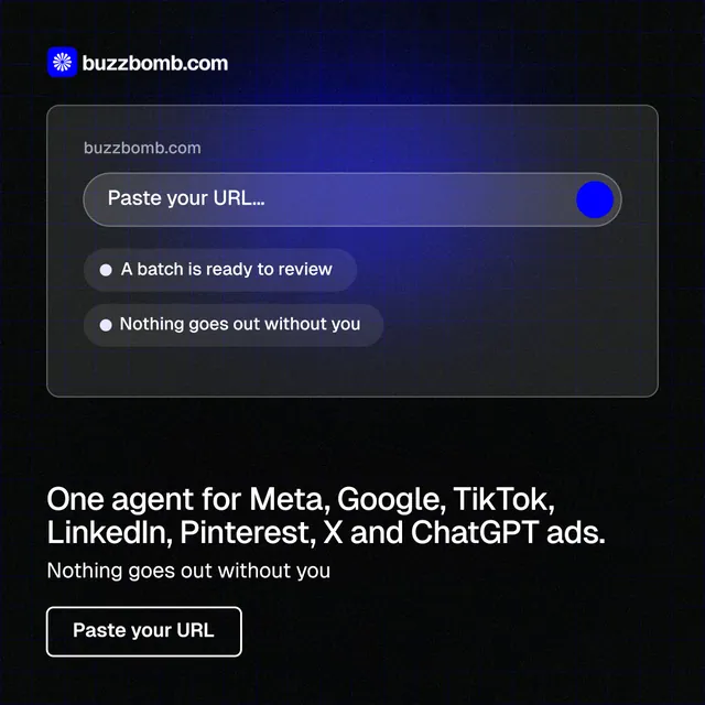 Instagram post for BuzzBomb: "One agent for Meta, Google, TikTok, LinkedIn, Pinterest, X and ChatGPT ads." Phosphor atlas style, bottom layout, dark palette in black, blue, grey.