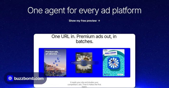 Social ad for BuzzBomb: "One agent for every ad platform". Swiss style, ogui layout, dark palette in blue.