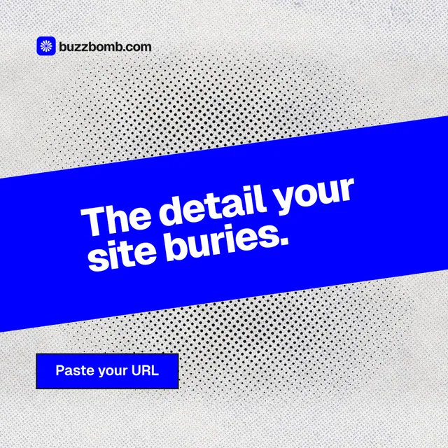 Instagram post for BuzzBomb: "The detail your site buries." Ink sticker style, diagonal layout, light palette in white, blue.