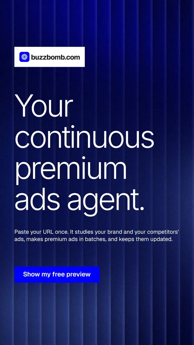 Instagram story for BuzzBomb: "Your continuous premium ads agent." Swiss style, announce layout, dark palette in blue.