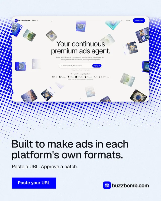 Instagram portrait post for BuzzBomb: "Built to make ads in each platform's own formats." Swiss style, bottom layout, light palette in white, blue.