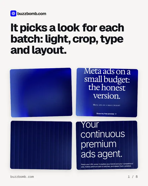 Carousel for BuzzBomb: "It picks a look for each batch: light, crop, type and layout.". Collection carousel, 8 slides, light palette.