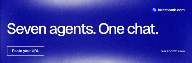 X header for BuzzBomb: "Seven agents. One chat." Cyanotype style, poster layout, dark palette in blue.