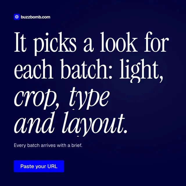 Video for BuzzBomb: "It picks a look for each batch: light, crop, type and layout.". Doc motion loop, 7.0 s, dark palette.