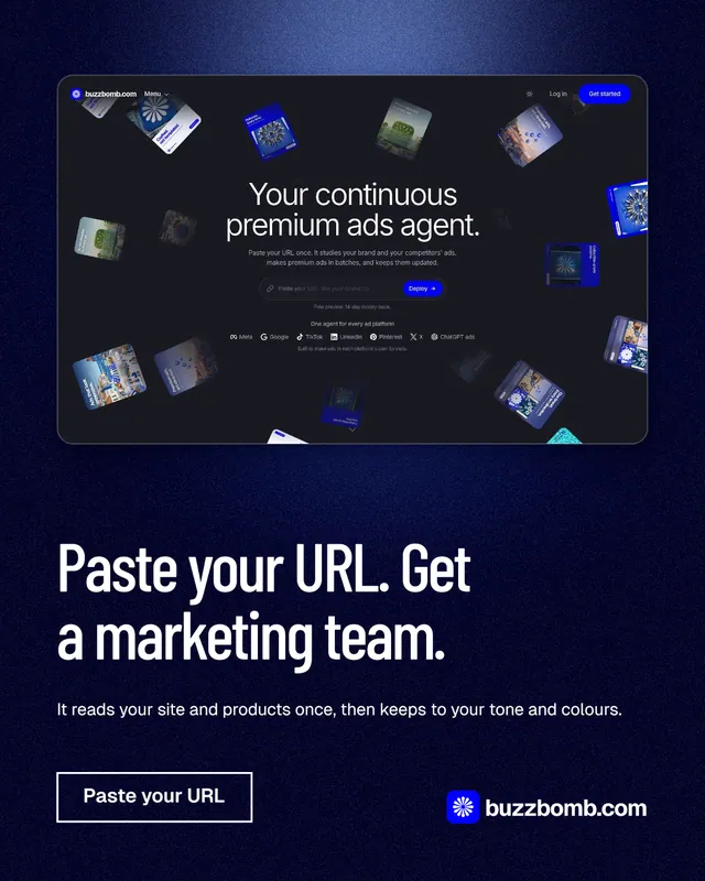 Instagram portrait post for BuzzBomb: "Paste your URL. Get a marketing team." Dark deco style, bottom layout, dark palette in blue, black, grey.