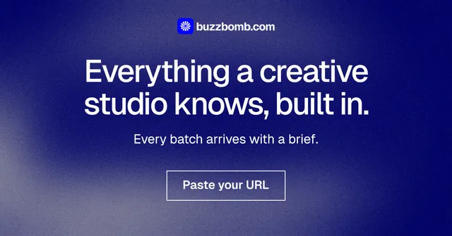 Social ad for BuzzBomb: "Everything a creative studio knows, built in." Cyanotype style, centred layout, dark palette in blue, grey.