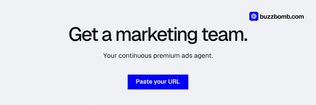 X header for BuzzBomb: "Get a marketing team." Swiss style, centred layout, light palette in white, blue.