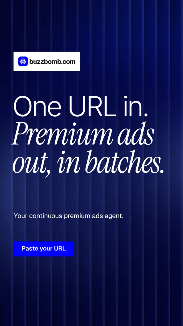Instagram story for BuzzBomb: "One URL in. Premium ads out, in batches." Swiss style, announce layout, dark palette in black, blue, grey.