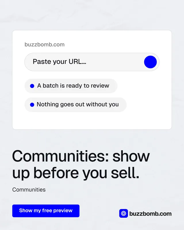 Instagram portrait post for BuzzBomb: "Communities: show up before you sell." Data card style, bottom layout, light palette in white, blue.