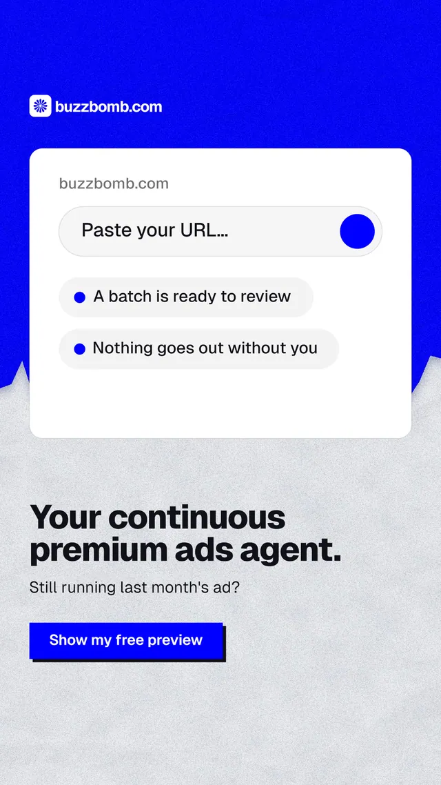 Instagram story for BuzzBomb: "Your continuous premium ads agent." Paper trio style, bottom layout, light palette in white, blue.