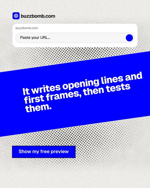 Instagram portrait post for BuzzBomb: "It writes opening lines and first frames, then tests them." Ink sticker style, diagonal layout, light palette in blue, white.