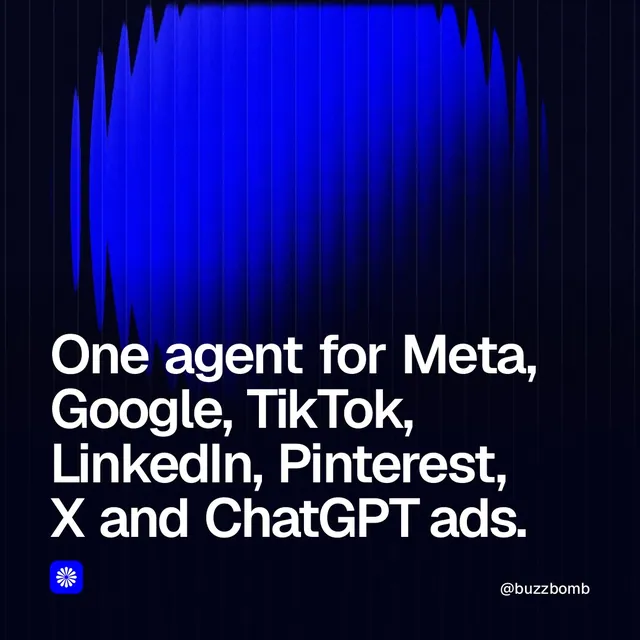 Video for BuzzBomb: "One agent for Meta, Google, TikTok, LinkedIn, Pinterest, X and ChatGPT ads.". Shader loop, 6.0 s, dark palette.