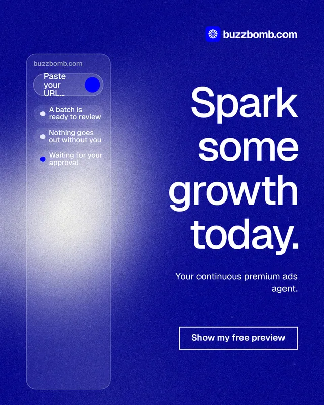 Instagram portrait post for BuzzBomb: "Spark some growth today." Cyanotype style, right layout, dark palette in blue.