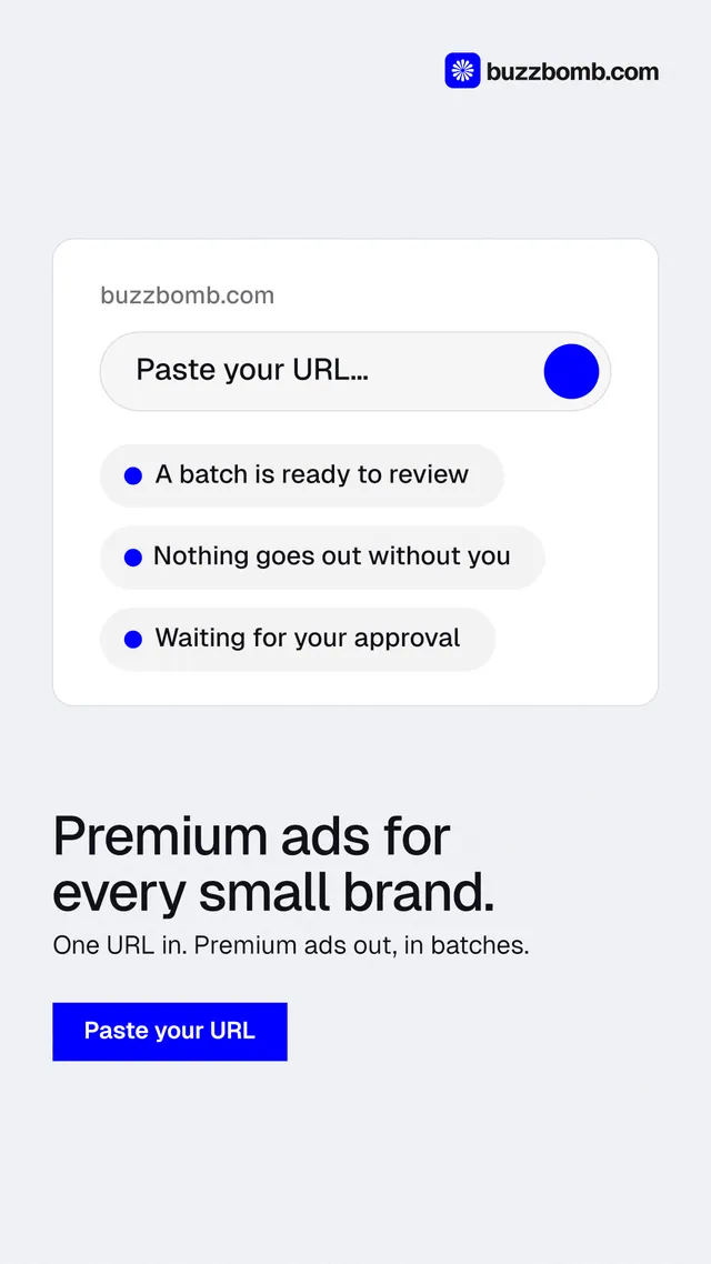 Instagram story for BuzzBomb: "Premium ads for every small brand." Swiss style, bottom layout, light palette in white, blue.