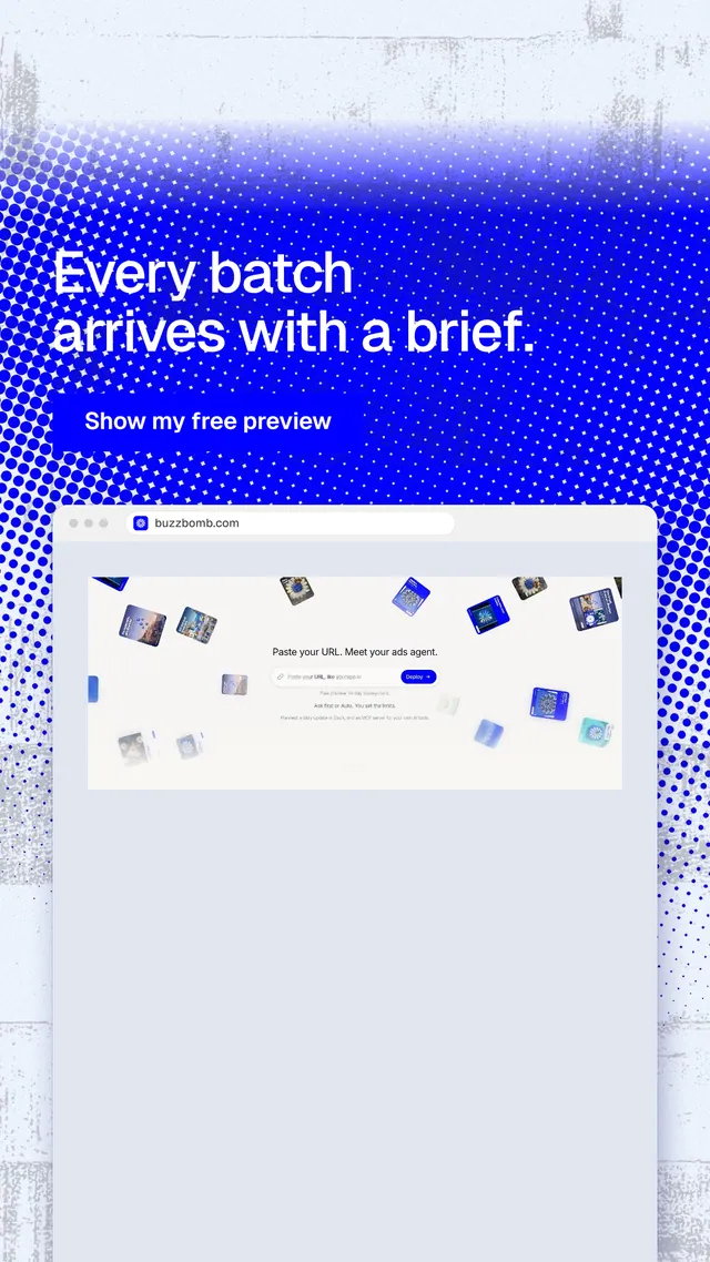 Instagram story for BuzzBomb: "Every batch arrives with a brief." Swiss style, browser layout, light palette in blue, white.