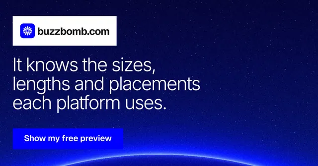 Social ad for BuzzBomb: "It knows the sizes, lengths and placements each platform uses." Swiss style, announce layout, dark palette in blue.