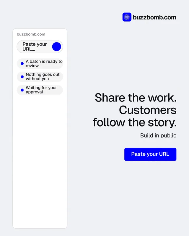 Instagram portrait post for BuzzBomb: "Share the work. Customers follow the story." Data card style, right layout, light palette in white, blue.