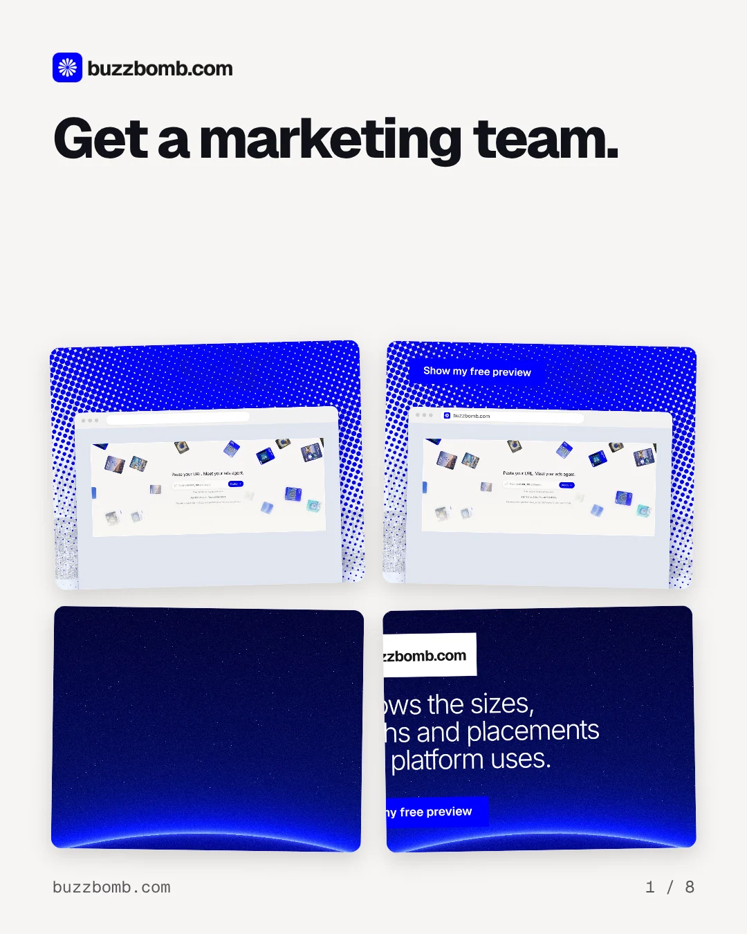 Carousel for BuzzBomb: "Get a marketing team.". Collection carousel, 8 slides, light palette.