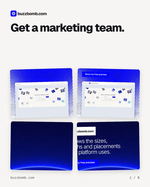 Carousel for BuzzBomb: "Get a marketing team.". Collection carousel, 8 slides, light palette.