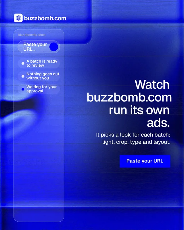 Instagram portrait post for BuzzBomb: "Watch buzzbomb.com run its own ads." Swiss style, right layout, dark palette in blue.