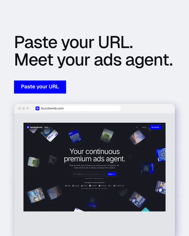 Instagram portrait post for BuzzBomb: "Paste your URL. Meet your ads agent." Swiss style, browser layout, light palette in white, blue, grey.
