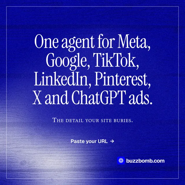 Instagram post for BuzzBomb: "One agent for Meta, Google, TikTok, LinkedIn, Pinterest, X and ChatGPT ads." Editorial style, smallcaps layout, dark palette in blue.