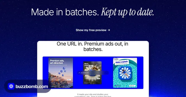 Social ad for BuzzBomb: "Made in batches. Kept up to date." Swiss style, ogui layout, dark palette in blue, white.