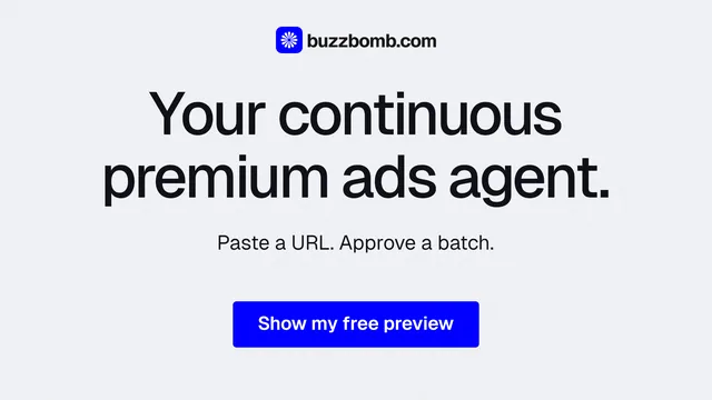 Landscape graphic for BuzzBomb: "Your continuous premium ads agent." Data card style, centred layout, light palette in white, blue.