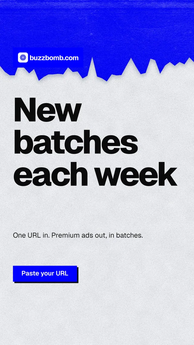 Instagram story for BuzzBomb: "New batches each week". Paper trio style, announce layout, light palette in white, blue.