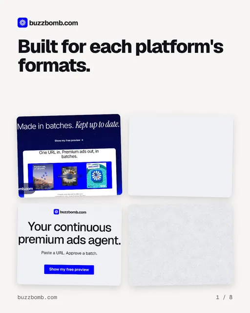 Carousel for BuzzBomb: "Built for each platform's formats.". Collection carousel, 8 slides, light palette.