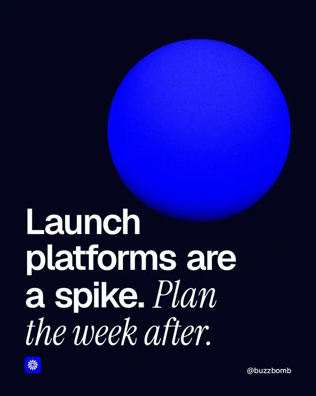Instagram portrait post for BuzzBomb: "Launch platforms are a spike. Plan the week after." Auto 4x5 style, technique:shader field layout, dark palette in black, blue.