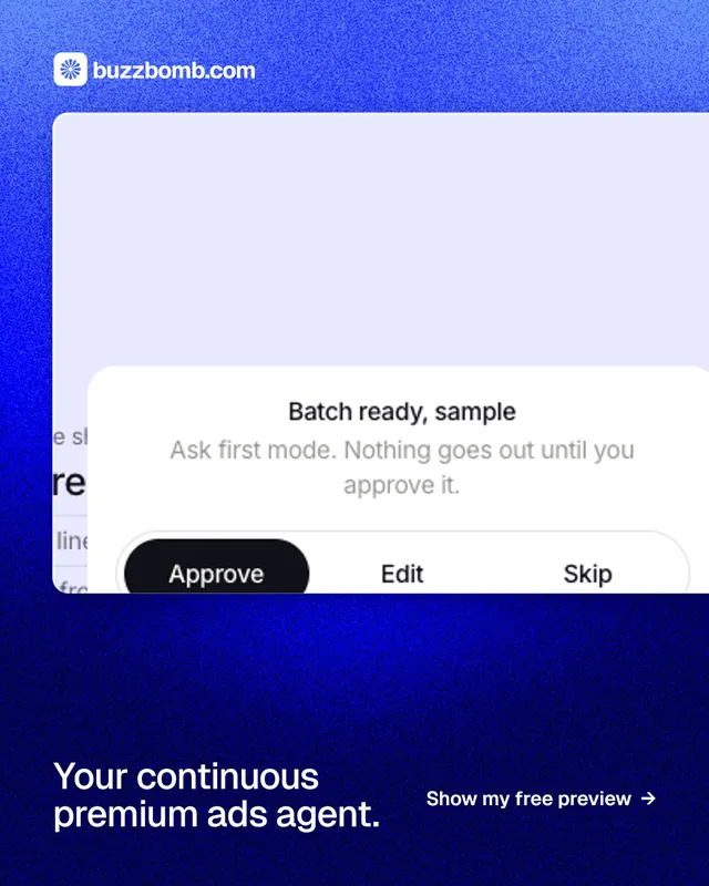 Instagram portrait post for BuzzBomb: "Your continuous premium ads agent." Swiss style, image led layout, light palette in white, blue.