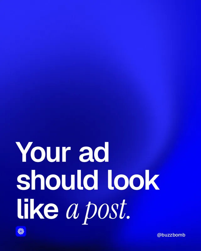 Instagram portrait post for BuzzBomb: "Your ad should look like a post." Auto 4x5 style, technique:shader field layout, dark palette in blue.