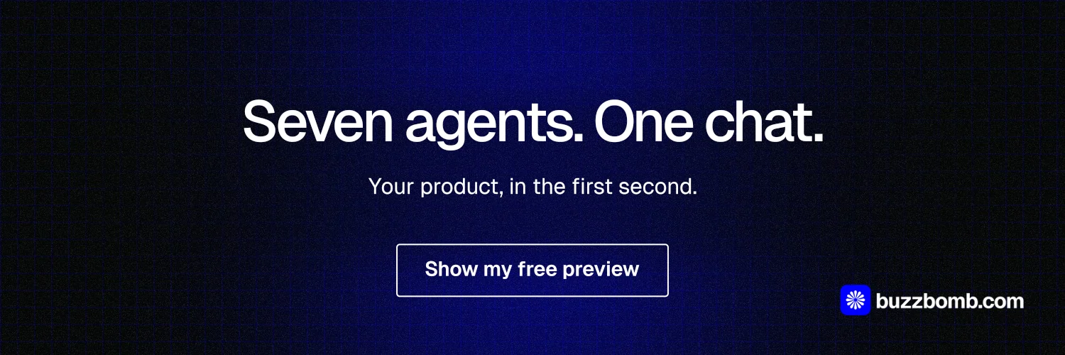 X header for BuzzBomb: "Seven agents. One chat." Phosphor atlas style, centred layout, dark palette in black, blue.