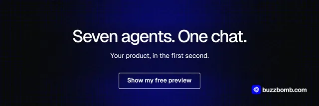 X header for BuzzBomb: "Seven agents. One chat." Phosphor atlas style, centred layout, dark palette in black, blue.