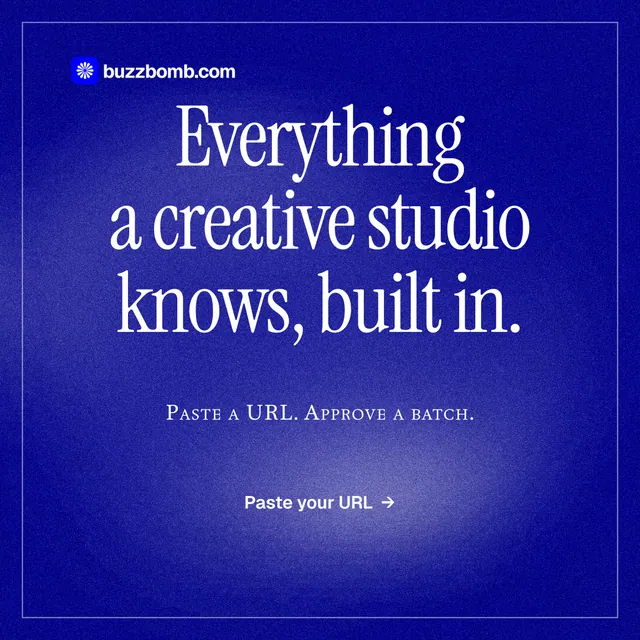 Instagram post for BuzzBomb: "Everything a creative studio knows, built in." Editorial style, smallcaps layout, dark palette in blue.