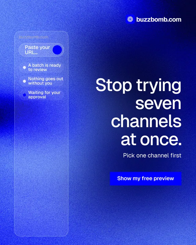 Instagram portrait post for BuzzBomb: "Stop trying seven channels at once." Swiss style, right layout, dark palette in blue.