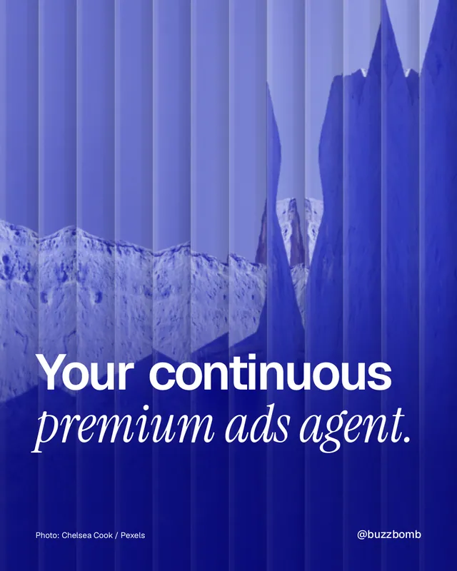 Instagram portrait post for BuzzBomb: "Your continuous premium ads agent." Photo style, technique:fluted glass layout, dark palette in blue.