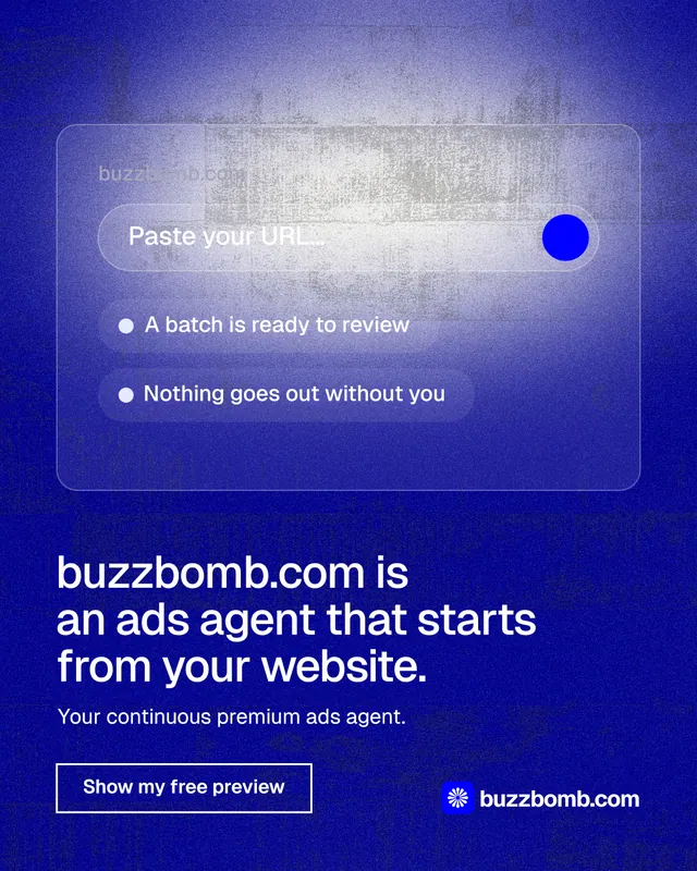 Instagram portrait post for BuzzBomb: "buzzbomb.com is an ads agent that starts from your website." Cyanotype style, bottom layout, dark palette in blue, grey.