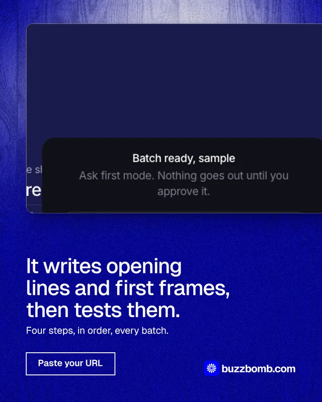Instagram portrait post for BuzzBomb: "It writes opening lines and first frames, then tests them." Cyanotype style, bottom layout, dark palette in blue.
