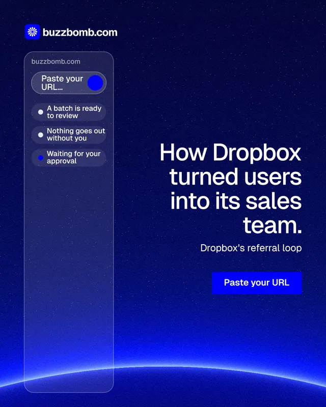 Instagram portrait post for BuzzBomb: "How Dropbox turned users into its sales team." Swiss style, right layout, dark palette in blue.